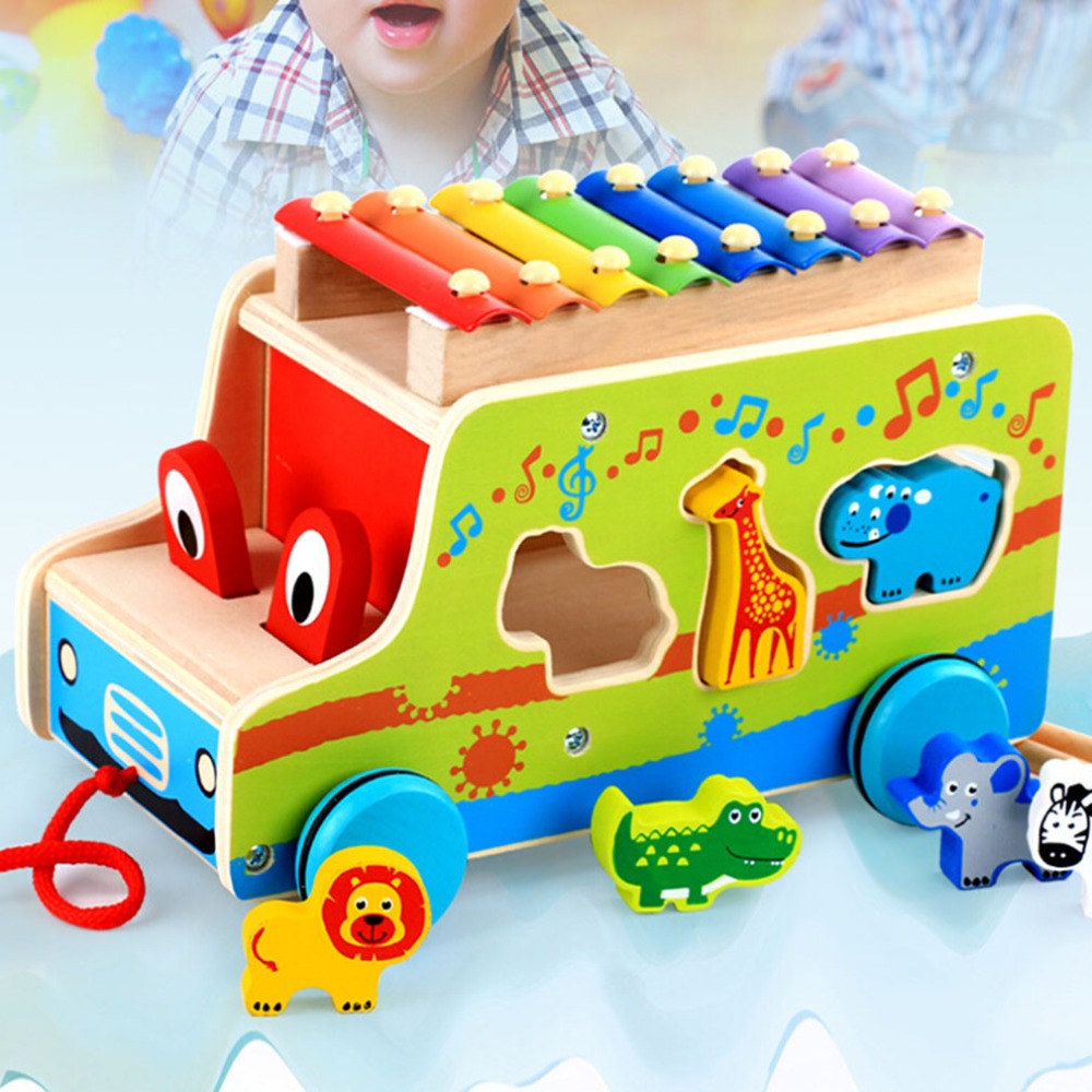 나무 실로폰 음악 악기 트레일러 자동차 모양 동물 퍼즐 블록 완구 어린이 악기 학습 교육 장난감